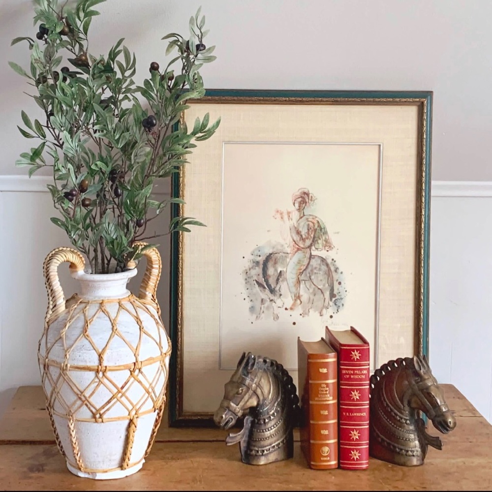 SOLD - Vintage Double Handle Clay Rattan Wrapped Vase